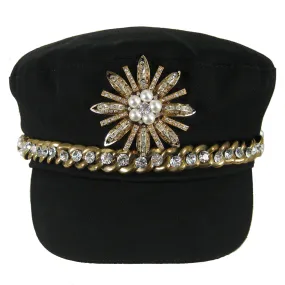 #1003h Black Newsboy Cap With Gold Tone Chain, Rhinestone & Pearl Embellishment