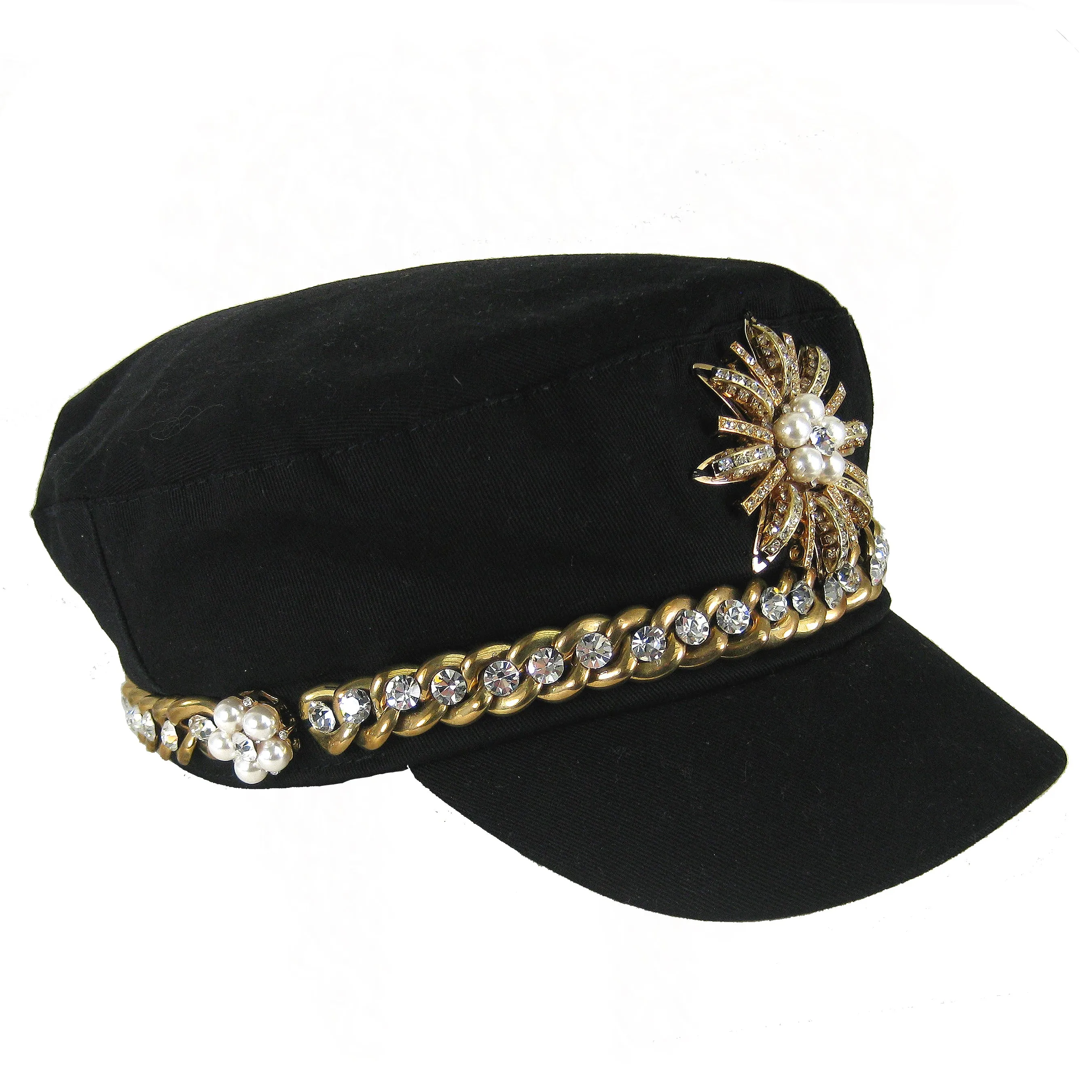 #1003h Black Newsboy Cap With Gold Tone Chain, Rhinestone & Pearl Embellishment