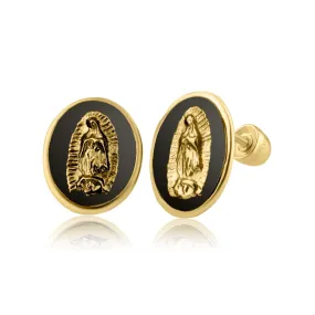 14E00197. - 14 Karat Yellow Gold Onyx Virgin Mary Screw Back Earring