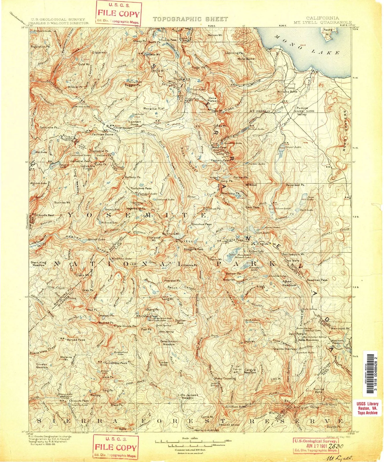 1901 Mt. Lyell, CA - California - USGS Topographic Map