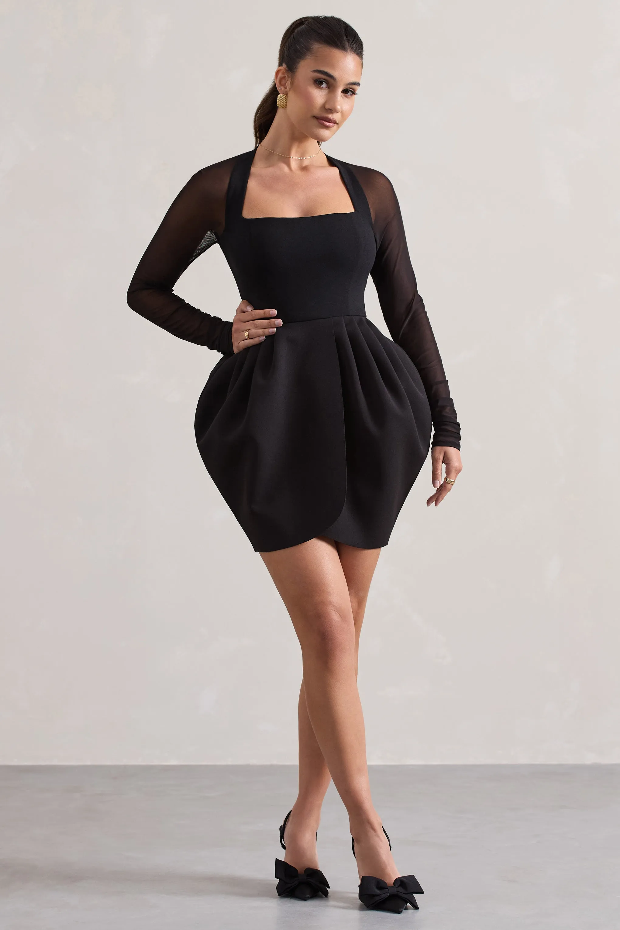 Alto | Black Square-Neck Mini Dress With Puff Skirt