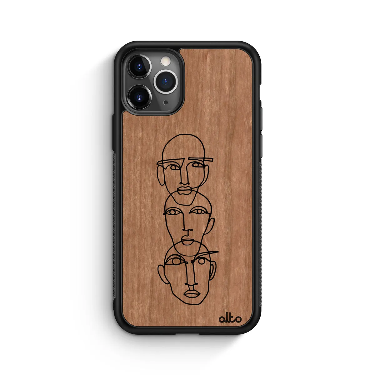 Apple iPhone 13, 12, 11 Wooden Case - Three Heads Design | Cherry Wood |Lightweight, Hand Crafted, Carved Phone Case