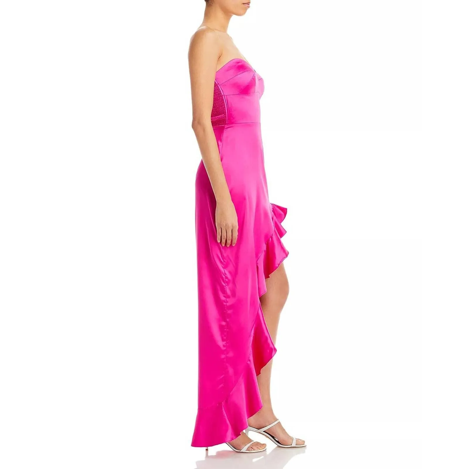 AQUA Ladies Hot Pink Strapless Ruffle Maxi Dress, High Slit in Leg, Size L, NWT!