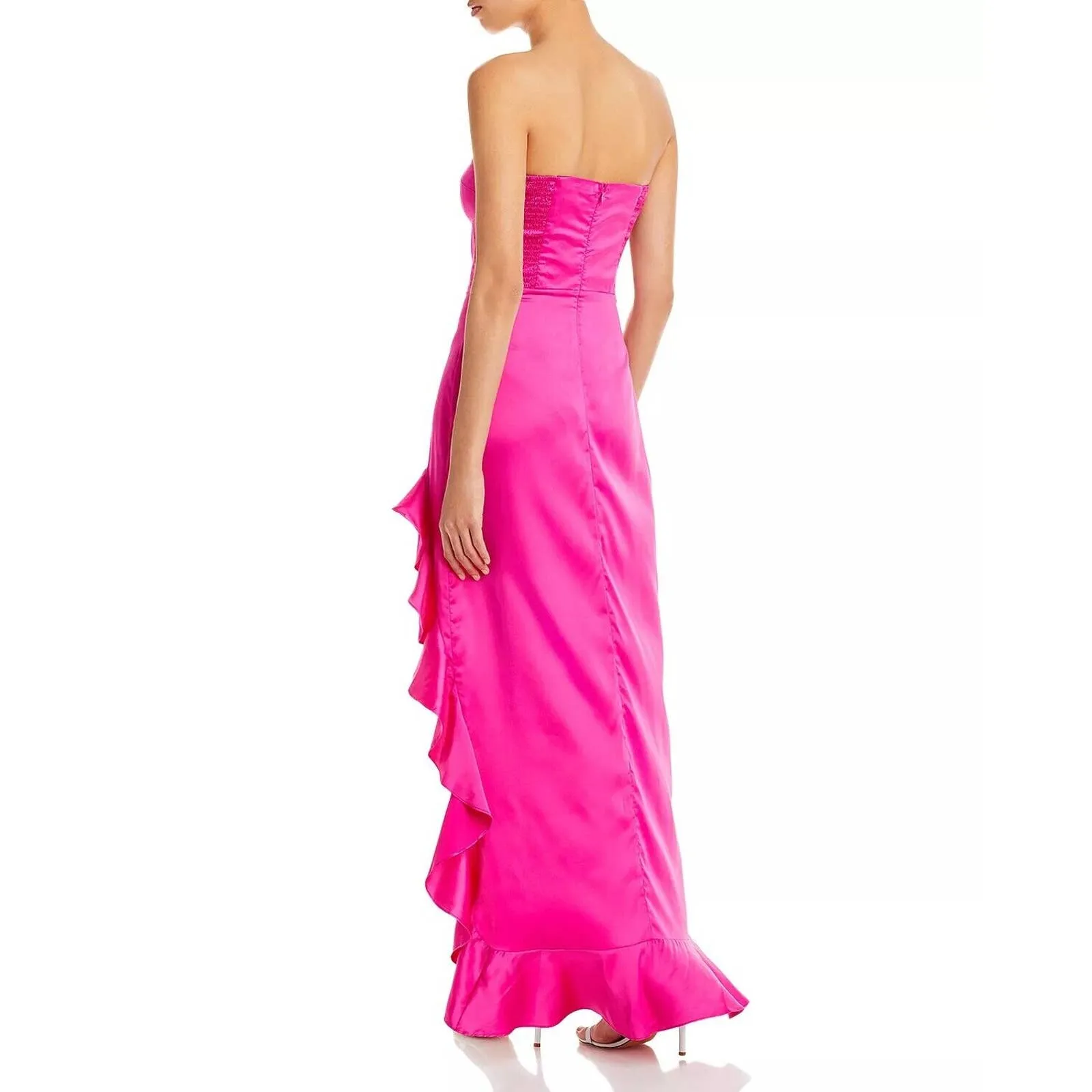 AQUA Ladies Hot Pink Strapless Ruffle Maxi Dress, High Slit in Leg, Size L, NWT!