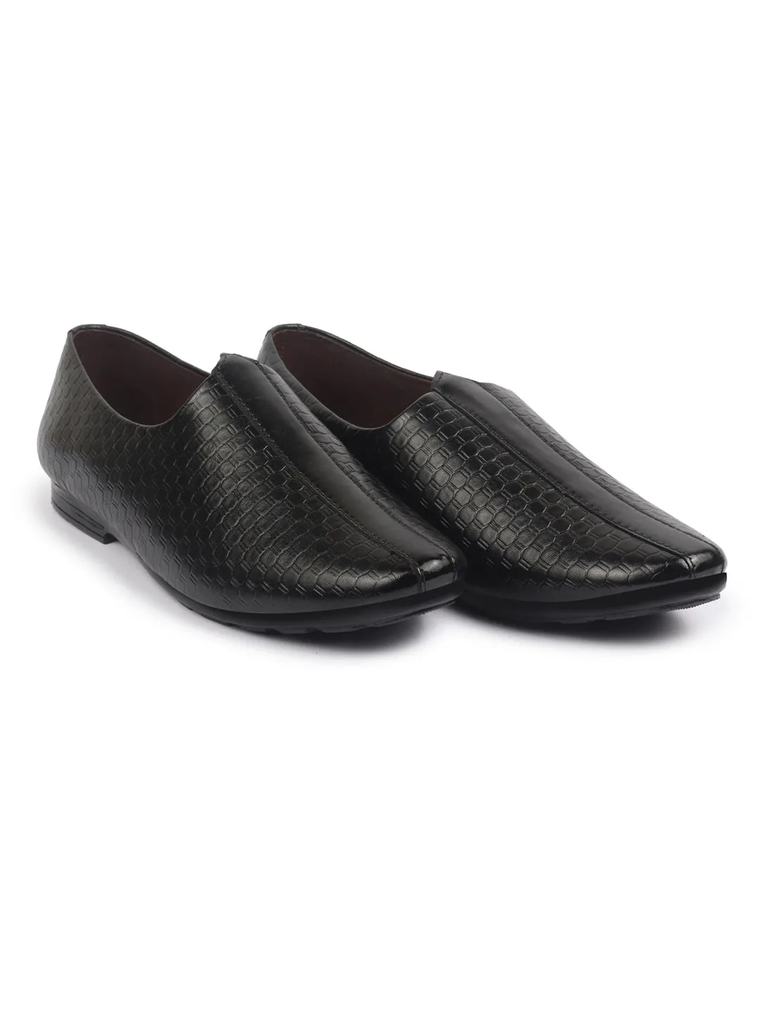 Basics Men Black Embossed Design Ethnic Slip On Juttis and Mojaris