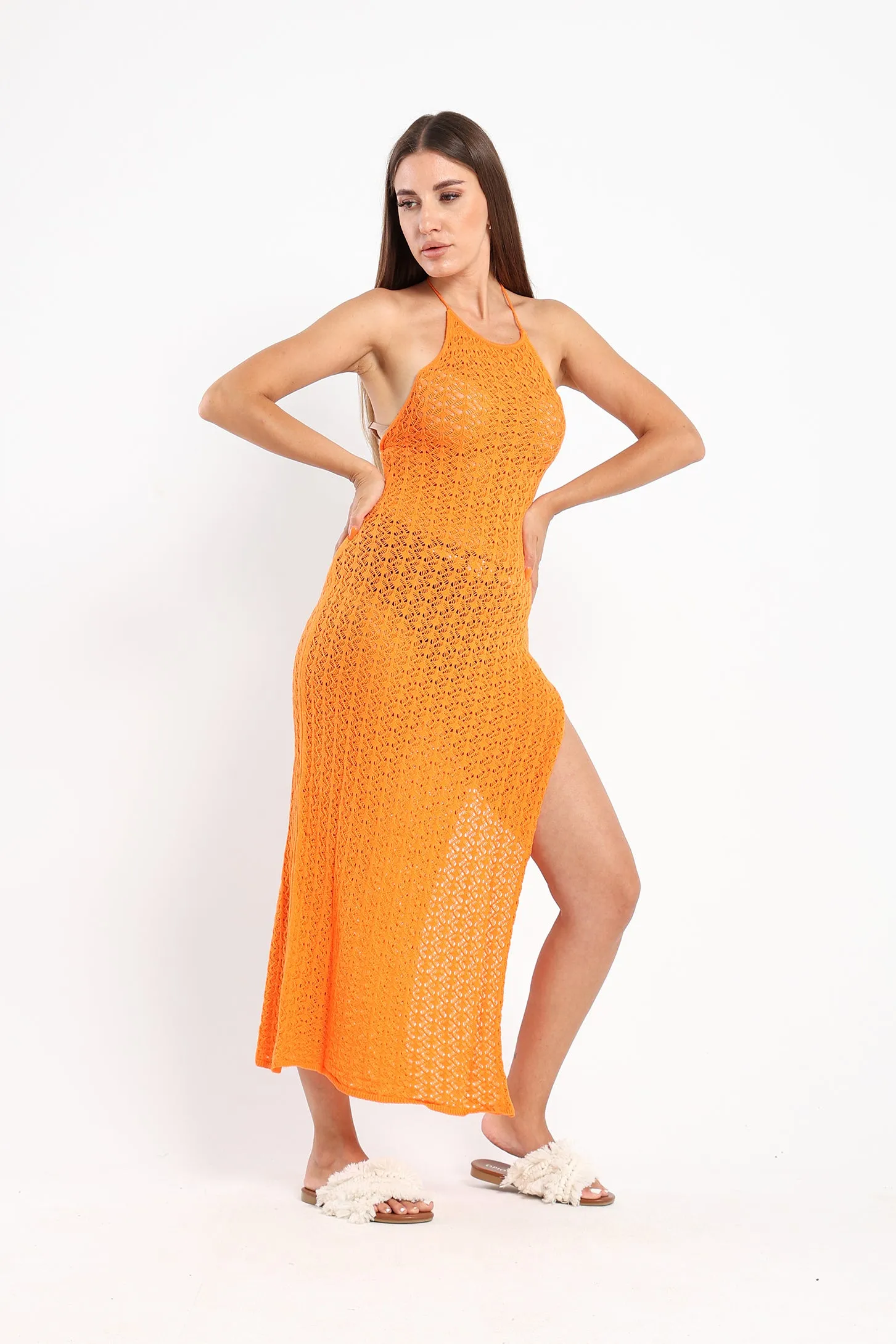 Crochet-Knit Midi Halter Dress - Orange