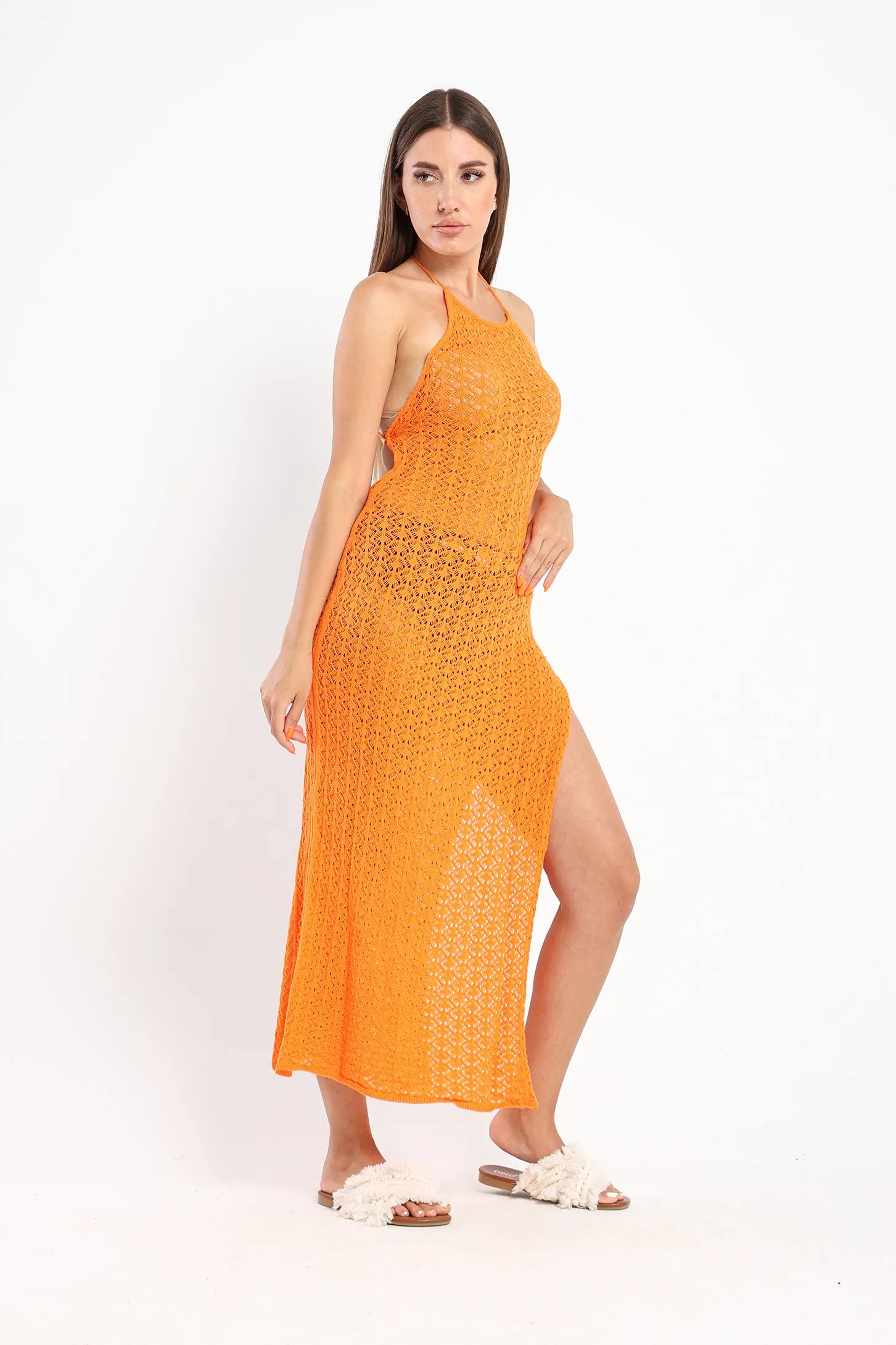 Crochet-Knit Midi Halter Dress - Orange