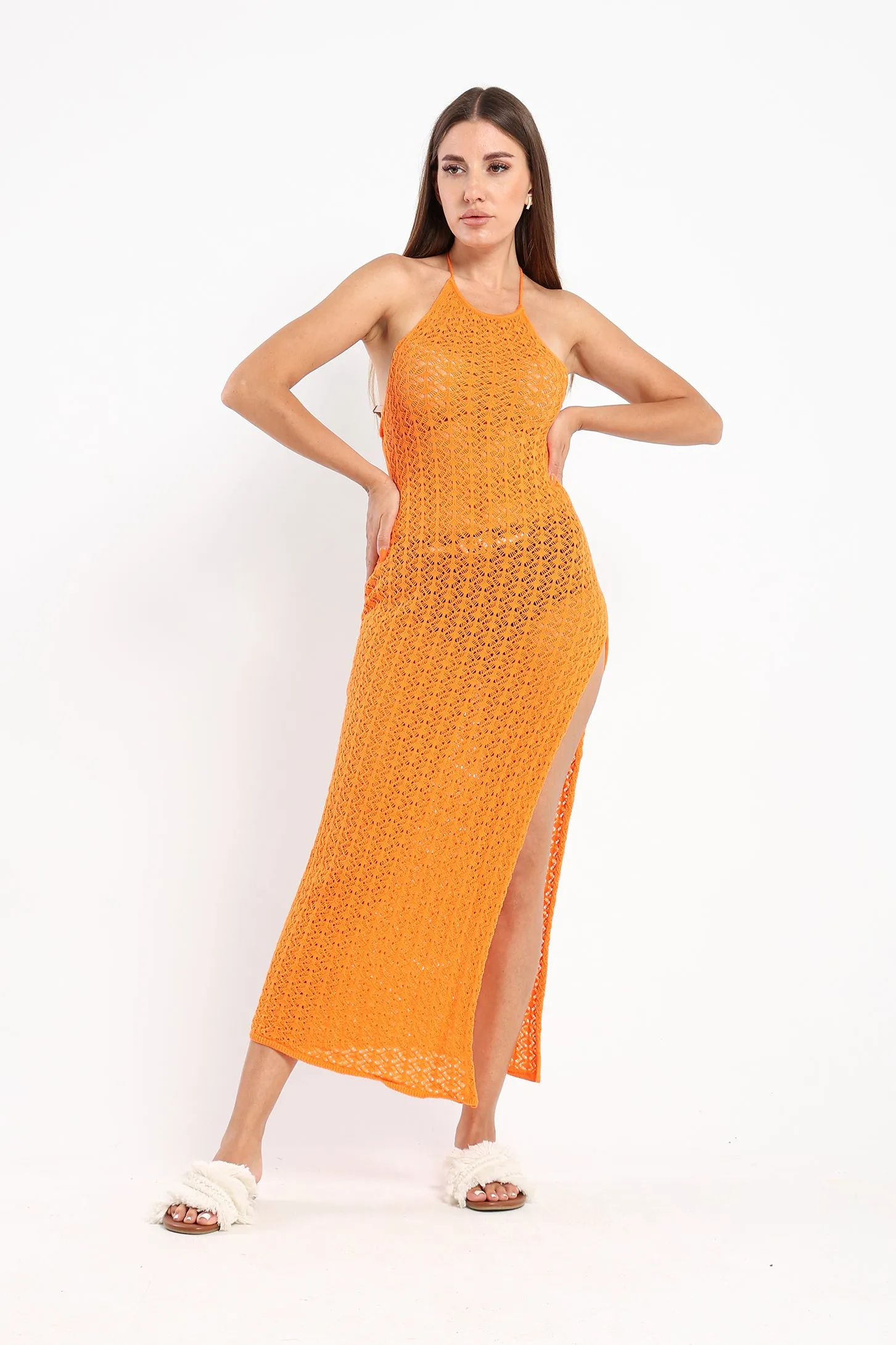 Crochet-Knit Midi Halter Dress - Orange