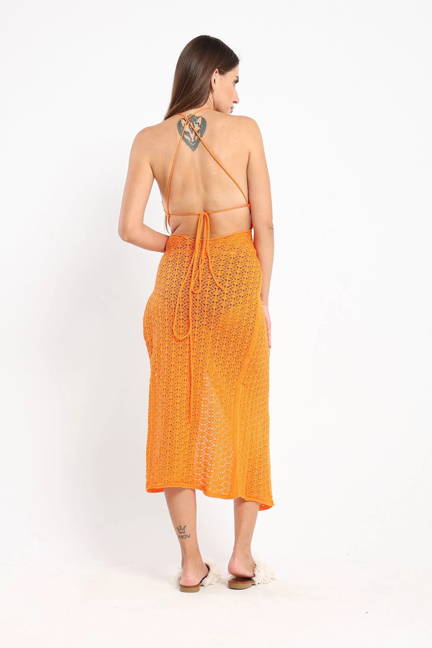 Crochet-Knit Midi Halter Dress - Orange