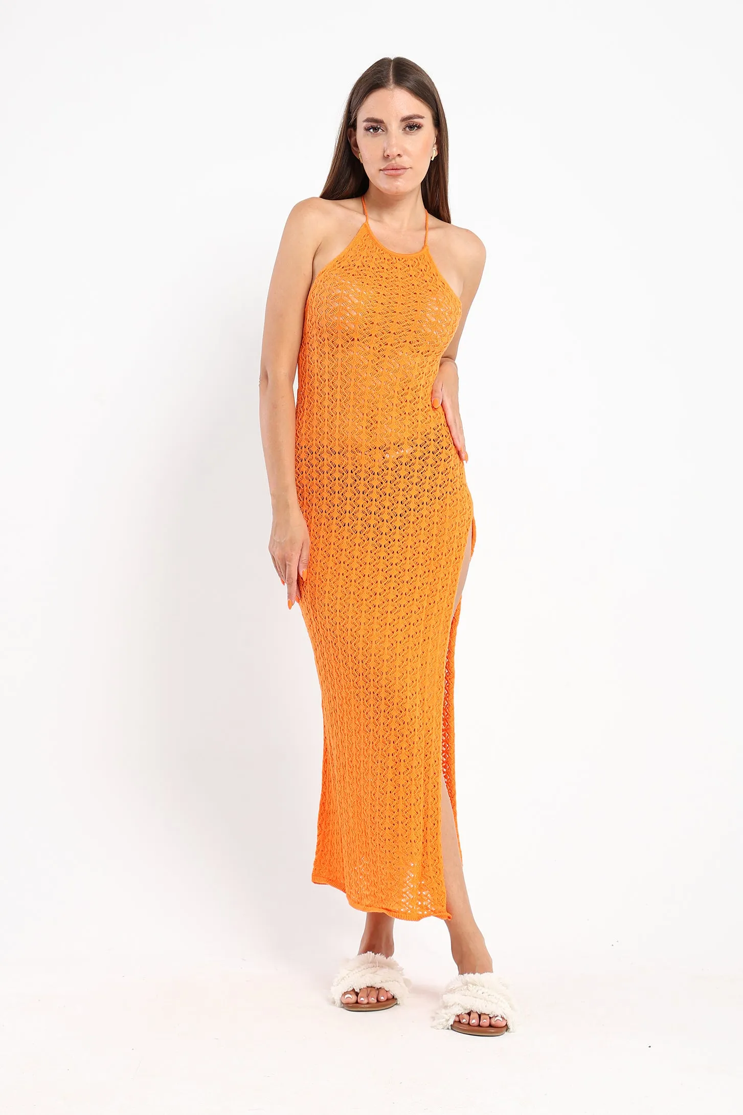 Crochet-Knit Midi Halter Dress - Orange