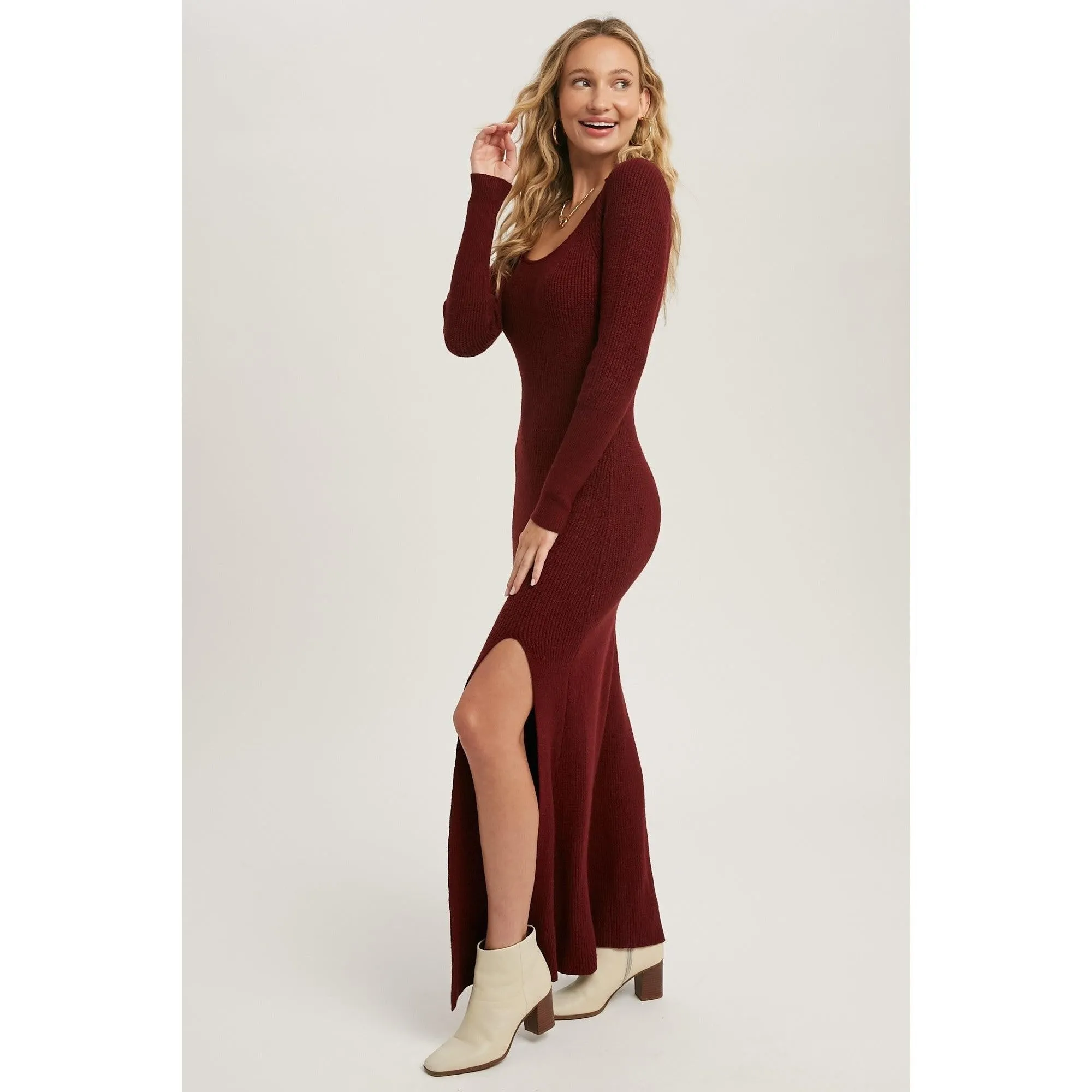 High Slit Burgundy Knit Sweater Dress