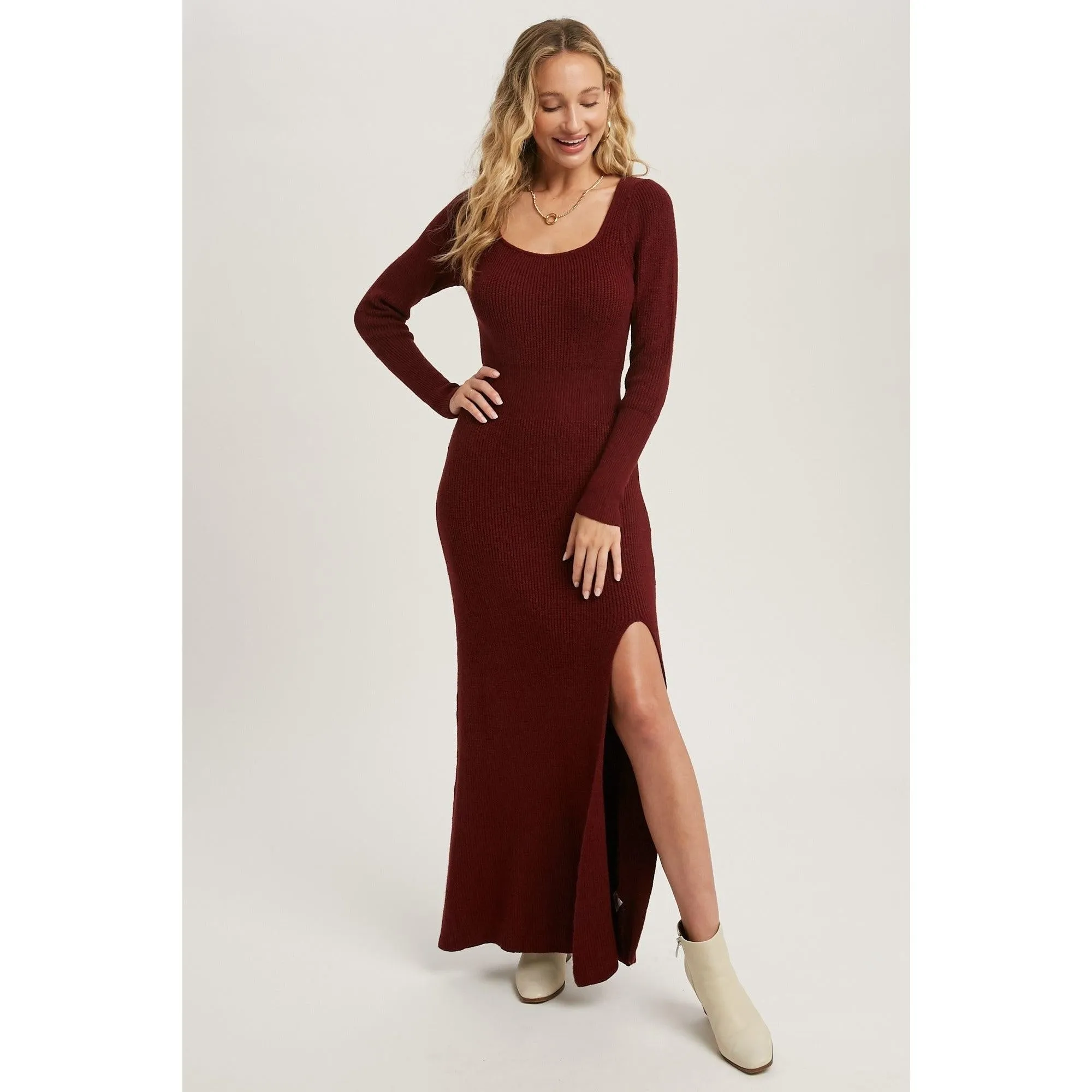 High Slit Burgundy Knit Sweater Dress