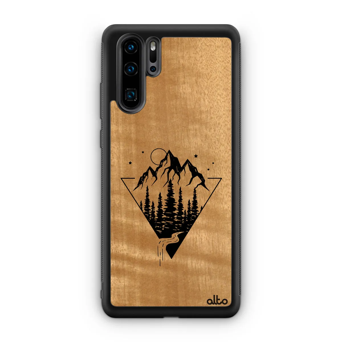 Huawei P40, P30 Pro, P30 Lite Wooden Case - Mountain Streams Design | Anigre Wood | Lightweight, Hand Crafted, Carved Phone Case