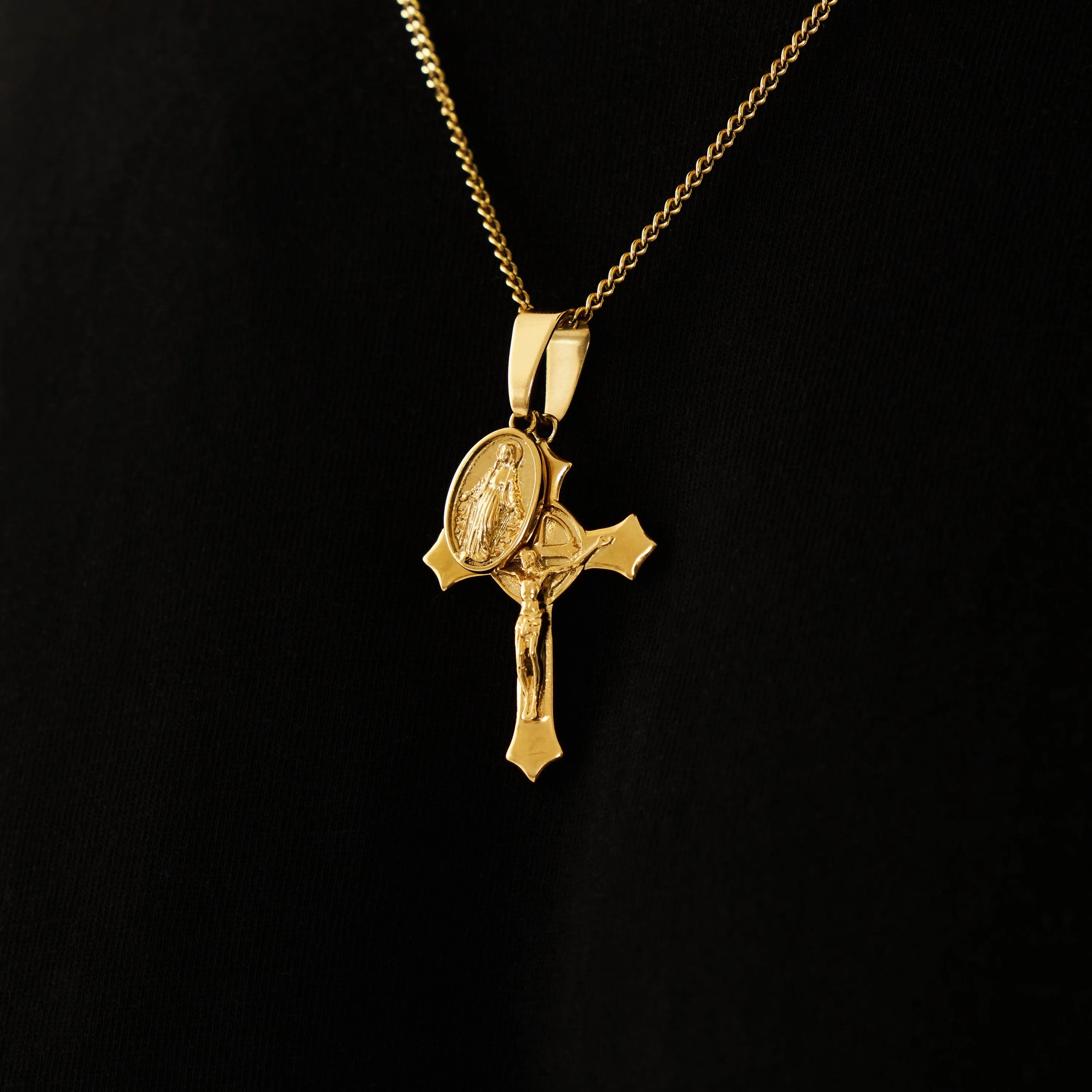 Jesus & Mary Cross Pendant (Gold)