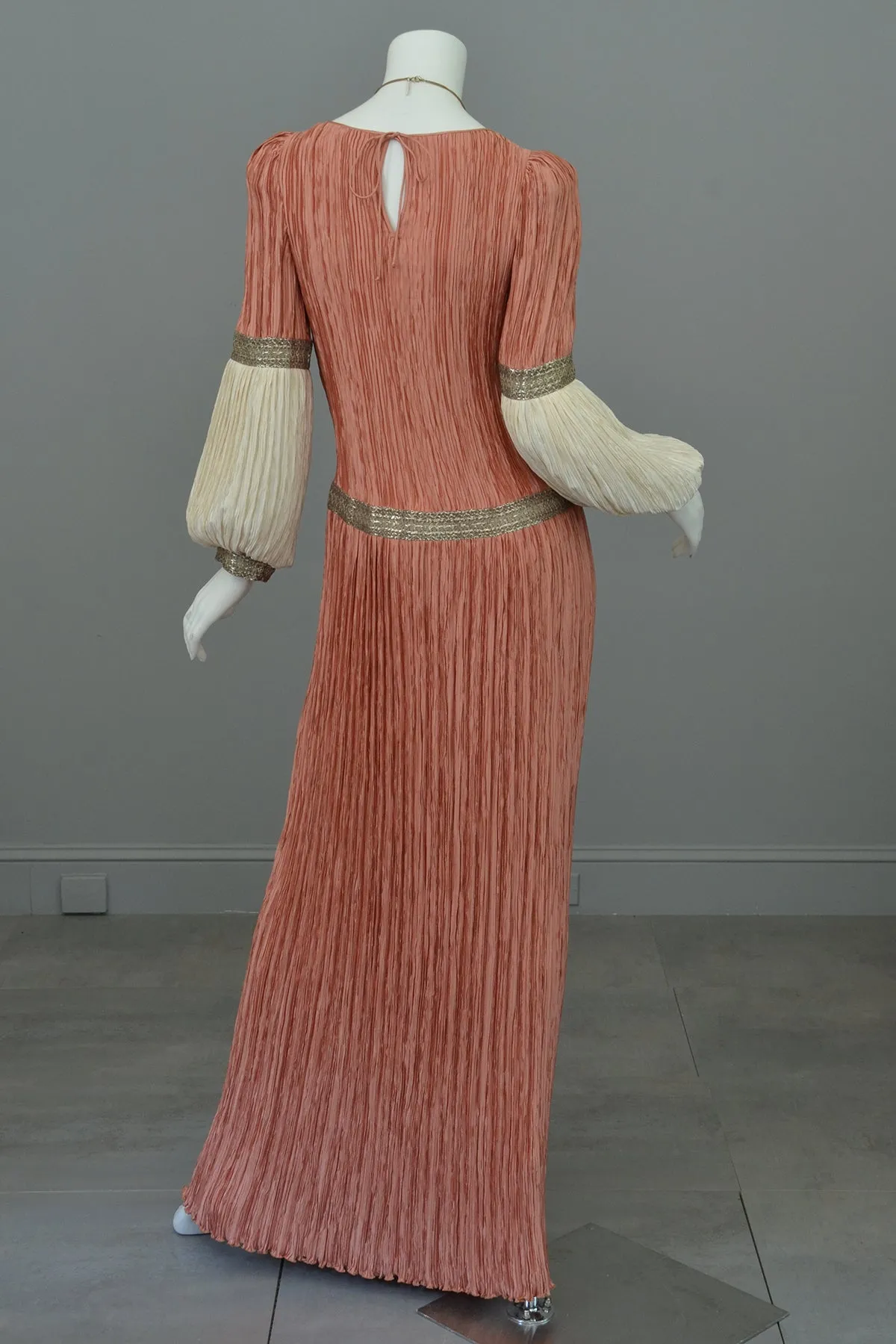 Mary McFadden Coral Cream Fortuny Pleats Bell Sleeve Gown