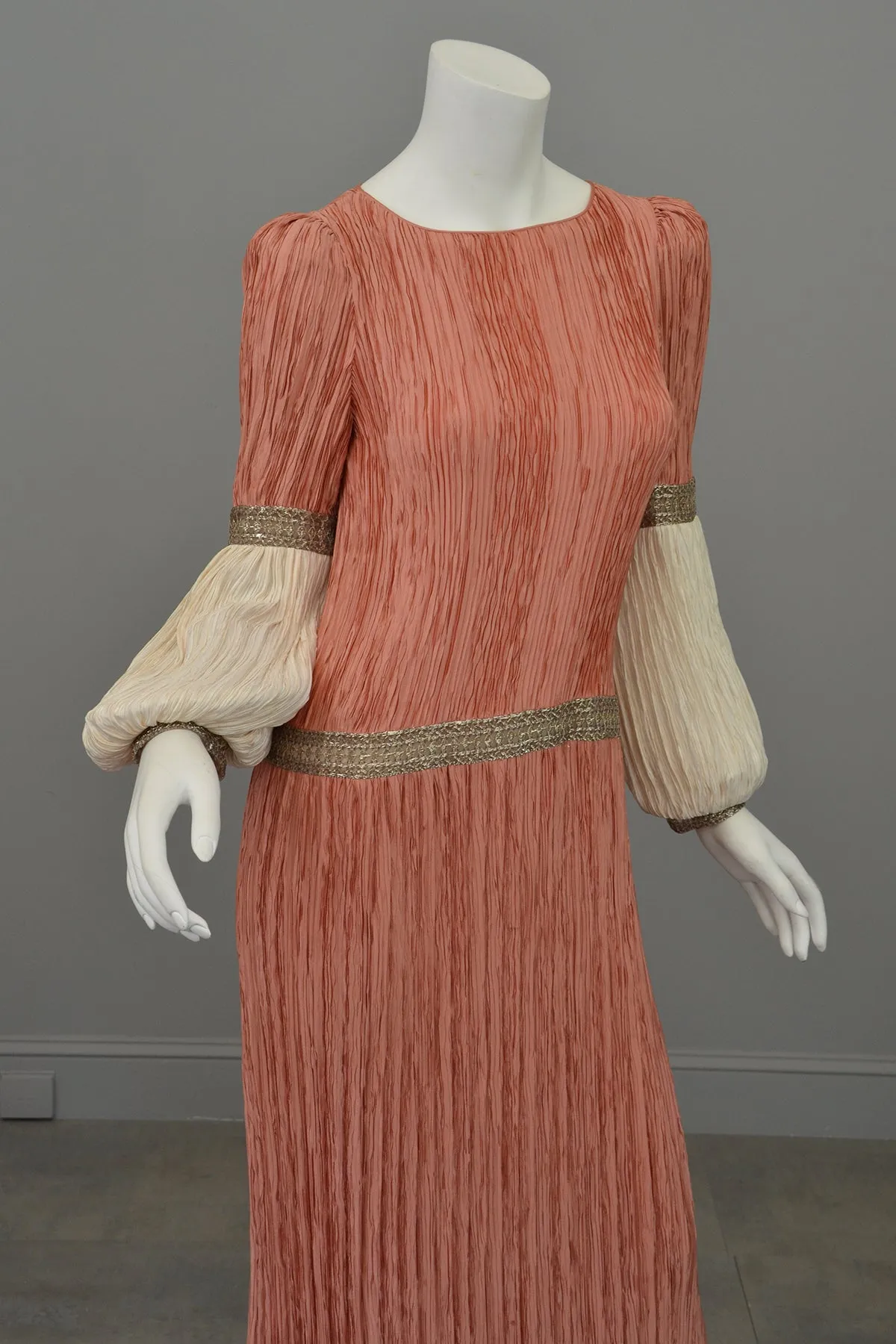 Mary McFadden Coral Cream Fortuny Pleats Bell Sleeve Gown