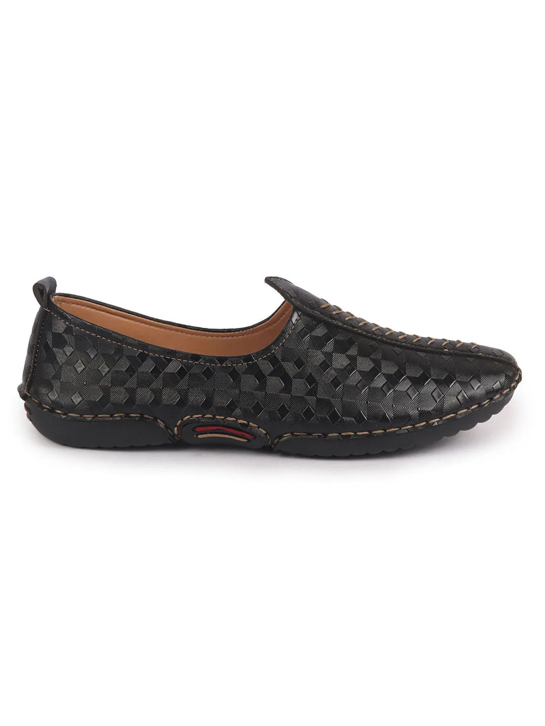 Men Black Textured Print Ethnic Slip On Juttis and Mojaris for Wedding|Festive Slip-On|Traditional Sherwani Shoes