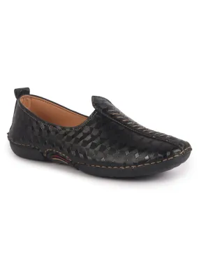 Men Black Textured Print Ethnic Slip On Juttis and Mojaris for Wedding|Festive Slip-On|Traditional Sherwani Shoes