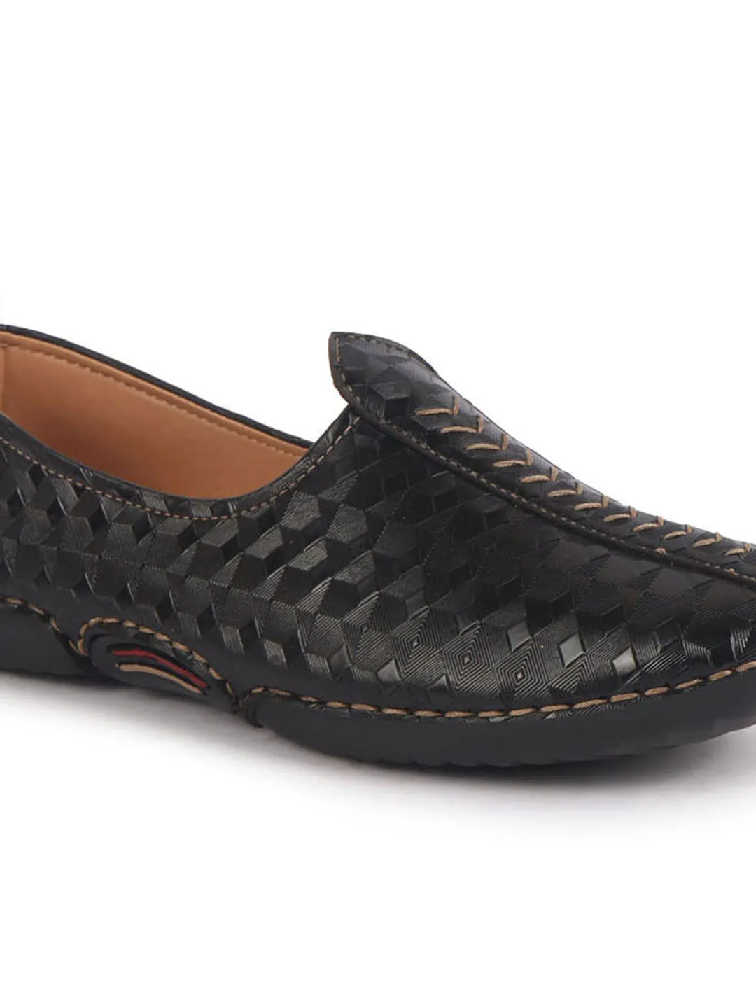 Men Black Textured Print Ethnic Slip On Juttis and Mojaris for Wedding|Festive Slip-On|Traditional Sherwani Shoes