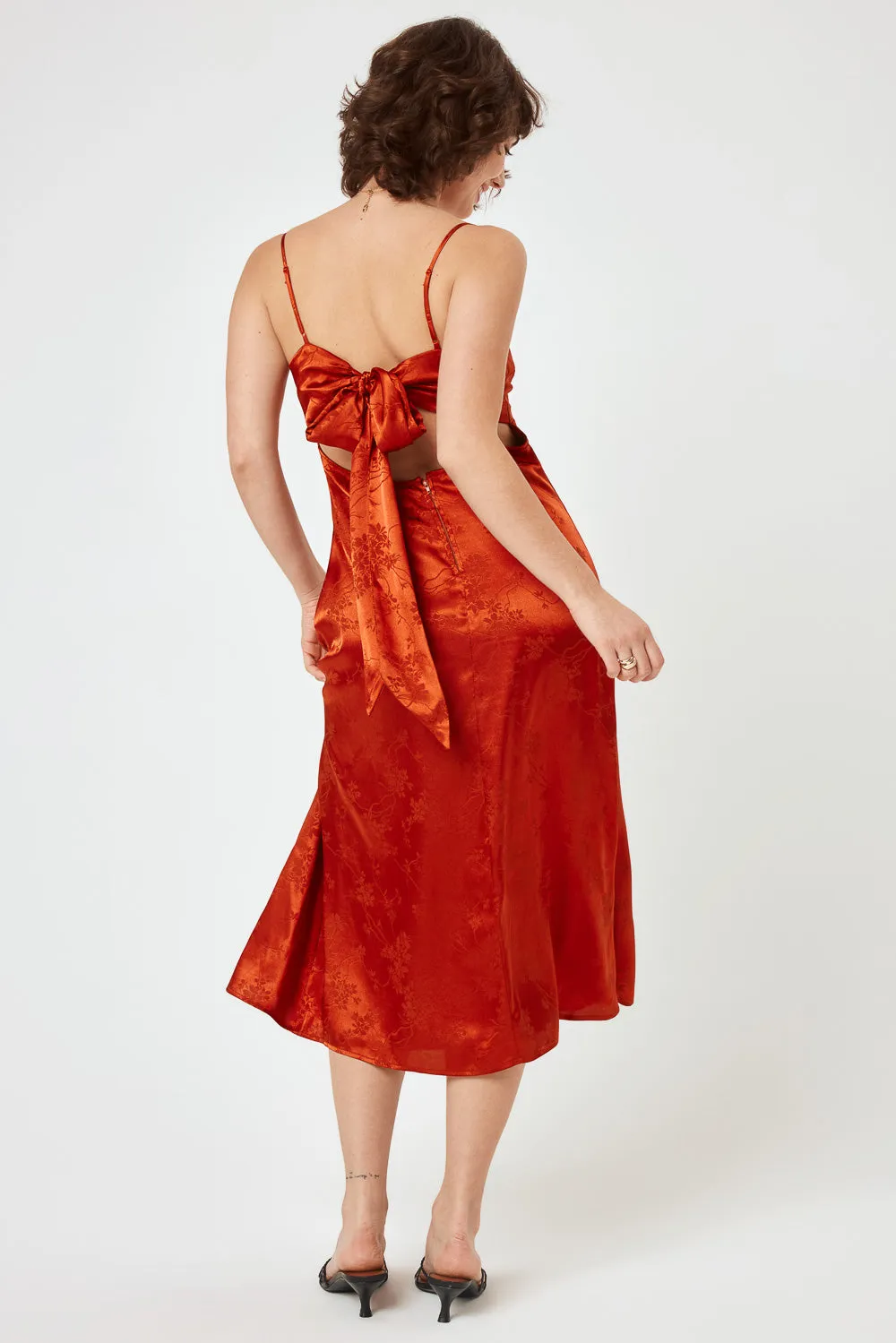 Red Satin Jacquard Midi Cami Dress