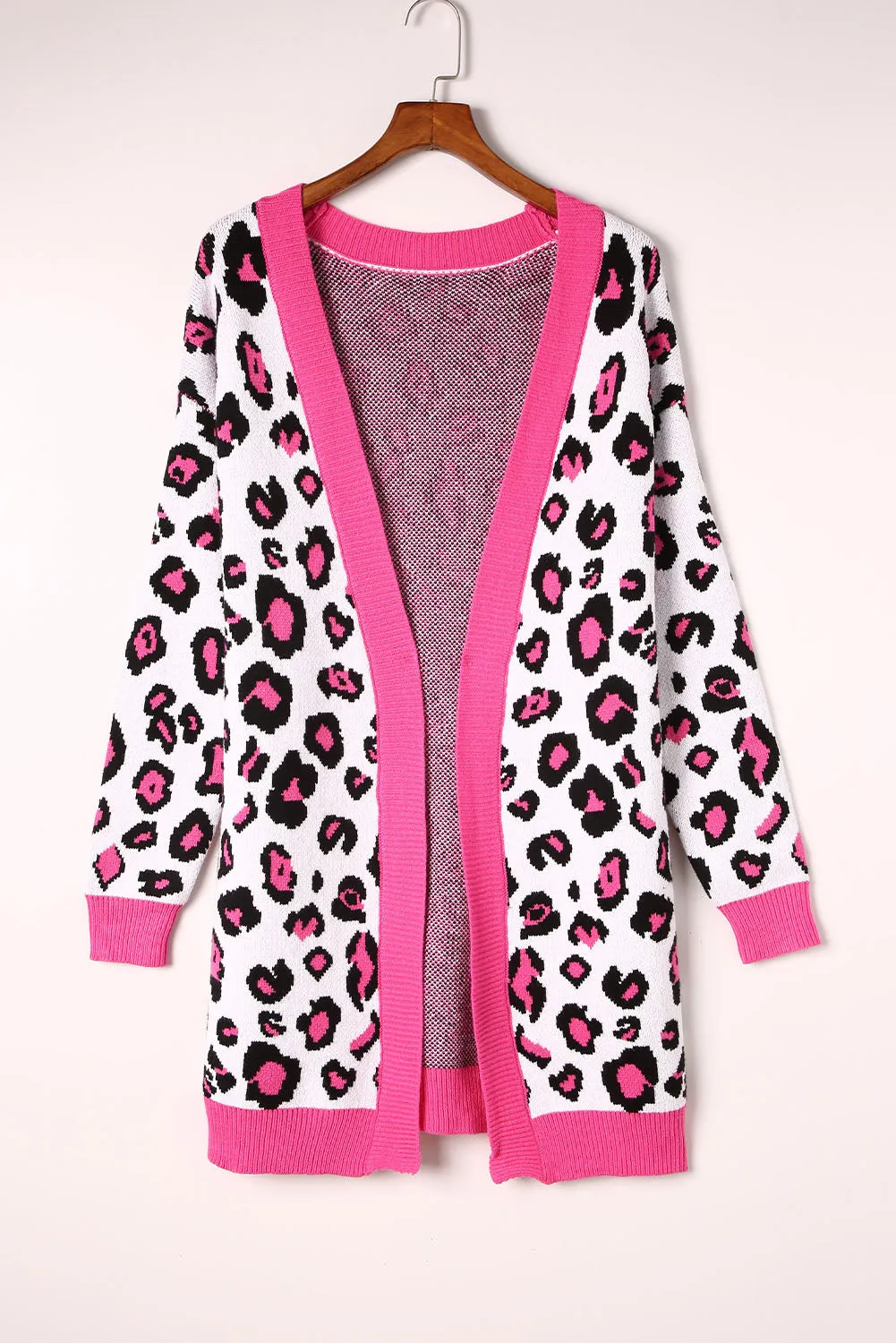 Rose Leopard Ribbed Trim Knitted Open Front Long Cardigan