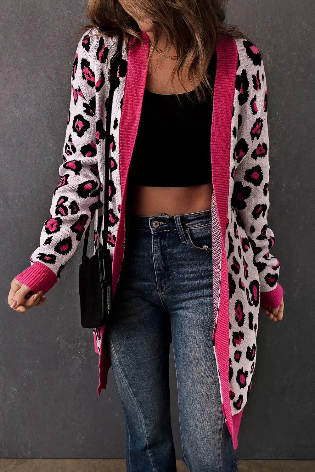 Rose Leopard Ribbed Trim Knitted Open Front Long Cardigan