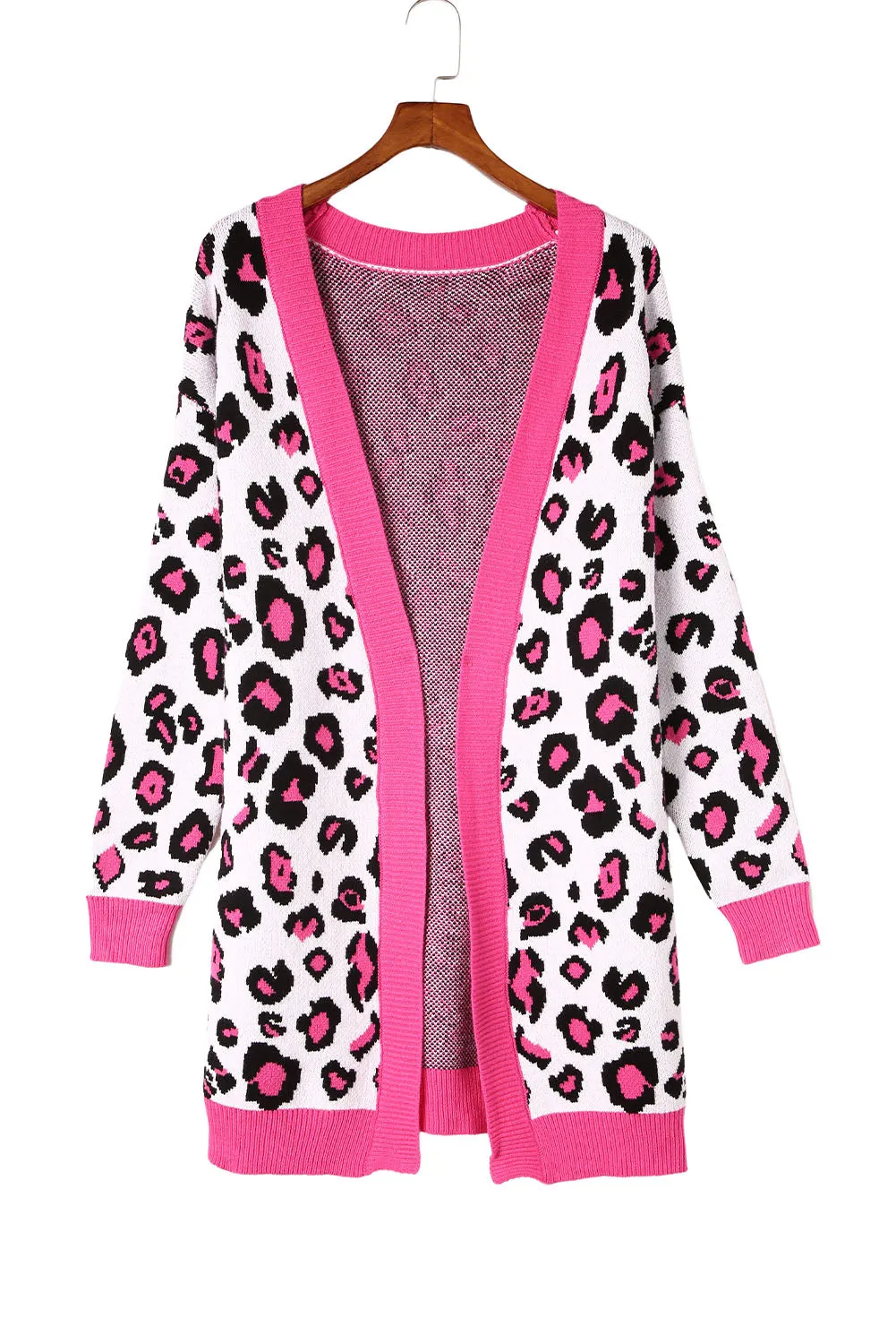 Rose Leopard Ribbed Trim Knitted Open Front Long Cardigan