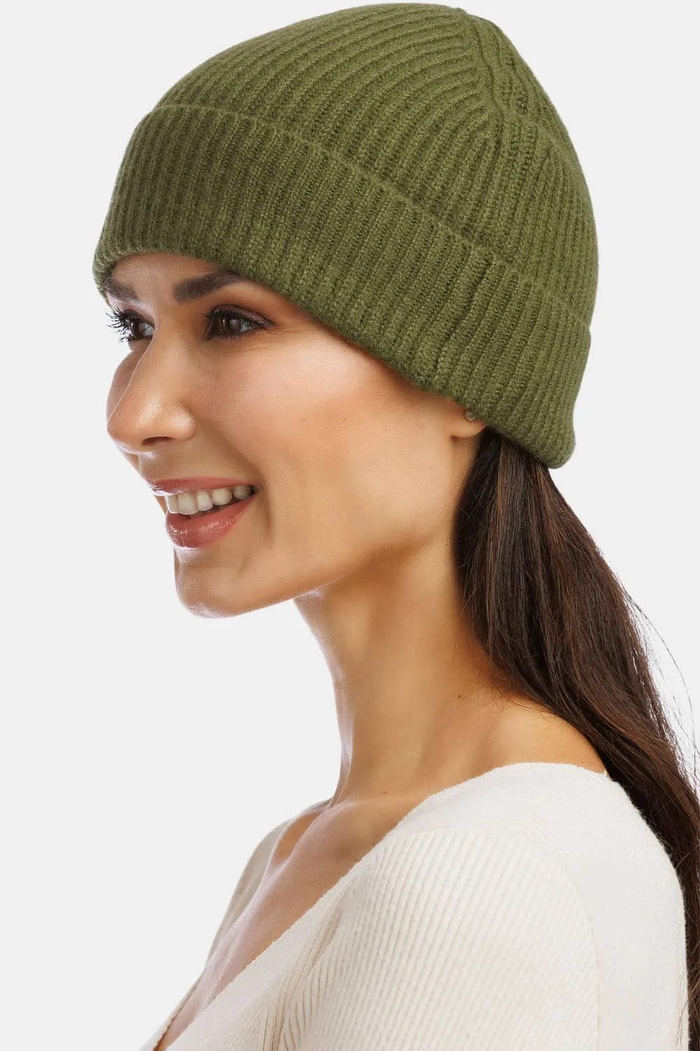 Women's 100% Pure Cashmere Ribbed Hat with Cuff