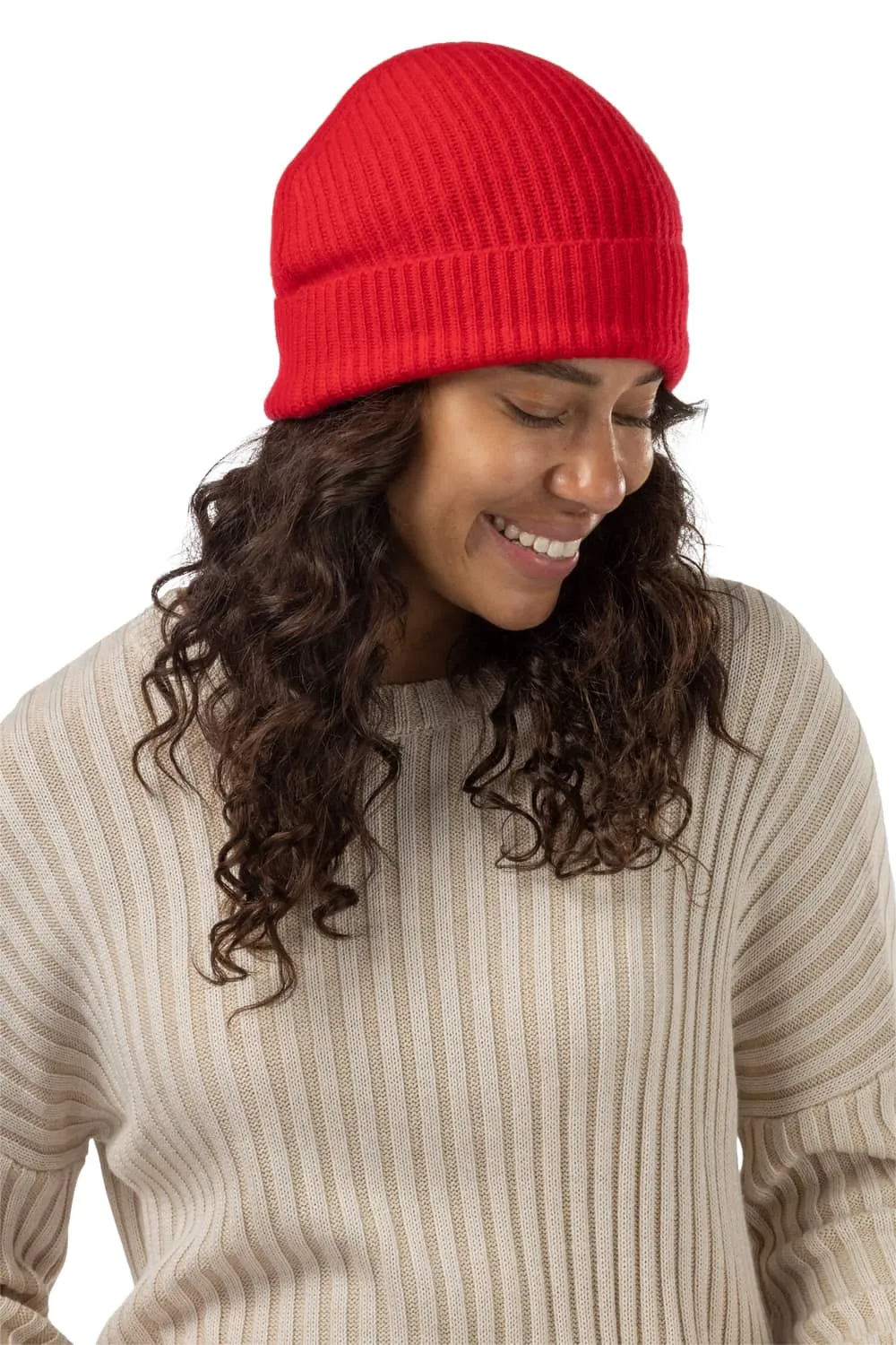 Women's 100% Pure Cashmere Ribbed Hat with Cuff